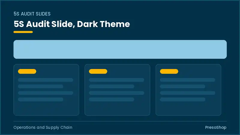 Editable PowerPoint 5s audit slide template in a dark theme, built from recolourable native shapes for operations and supply chain decks