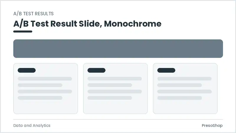 Editable PowerPoint a/b test result slide template in a monochrome treatment, built from recolourable native shapes for data and analytics decks