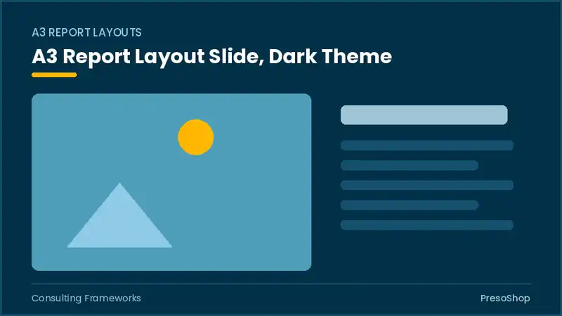 Editable PowerPoint a3 report layout slide template in a dark theme, built from recolourable native shapes for consulting frameworks decks