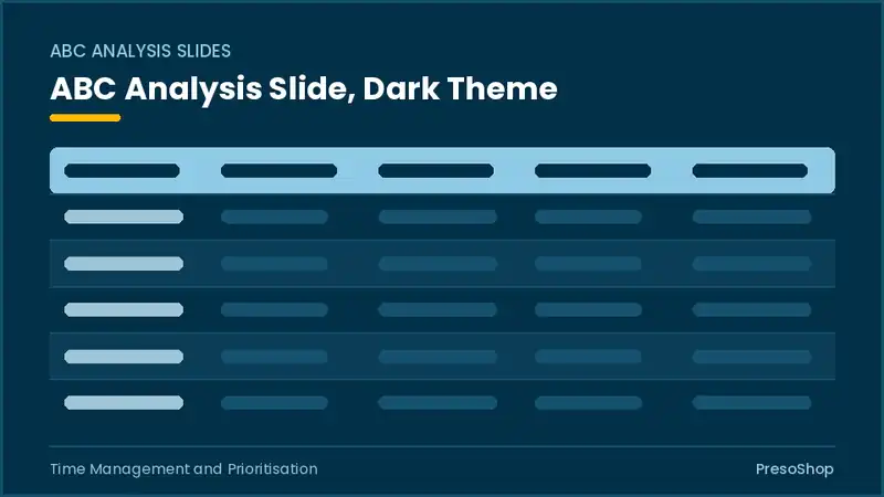 Editable PowerPoint abc analysis slide template in a dark theme, built from recolourable native shapes for time management and prioritisation decks