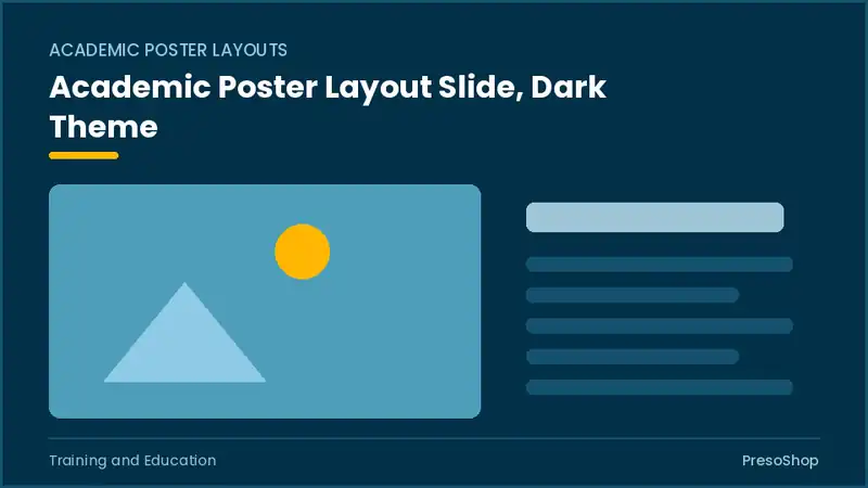 Editable PowerPoint academic poster layout slide template in a dark theme, built from recolourable native shapes for training and education decks