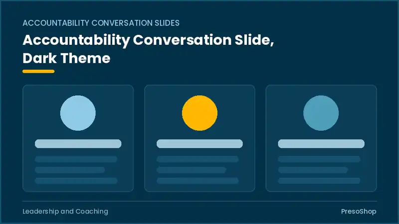 Editable PowerPoint accountability conversation slide template in a dark theme, built from recolourable native shapes for leadership and coaching decks