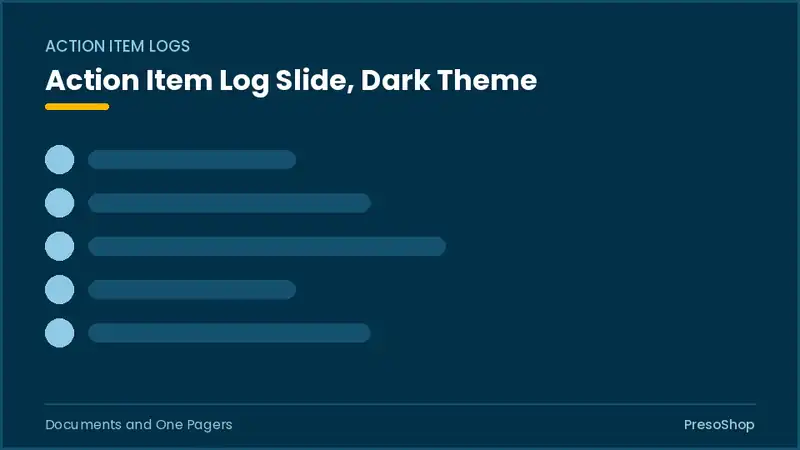 Editable PowerPoint action item log slide template in a dark theme, built from recolourable native shapes for documents and one pagers decks