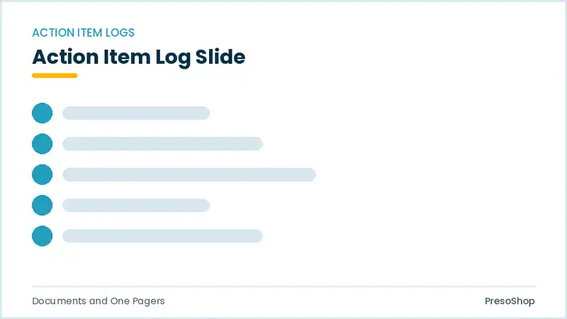 Editable PowerPoint action item log slide template, built from recolourable native shapes for documents and one pagers decks