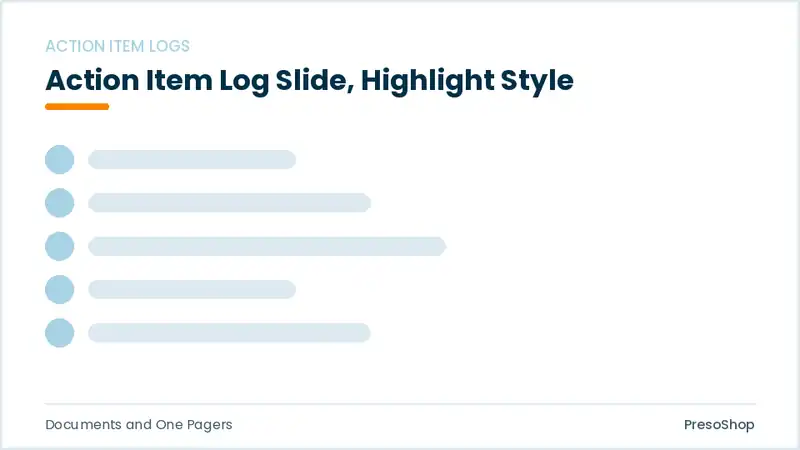 Editable PowerPoint action item log slide template with an accented takeaway, built from recolourable native shapes for documents and one pagers decks