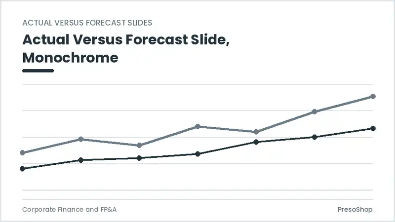 Editable PowerPoint actual versus forecast slide template in a monochrome treatment, built from recolourable native shapes for corporate finance and fp&a decks
