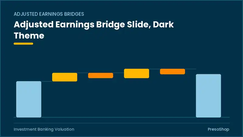 Editable PowerPoint adjusted earnings bridge slide template in a dark theme, built from recolourable native shapes for investment banking valuation decks
