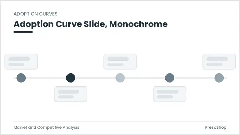 Editable PowerPoint adoption curve slide template in a monochrome treatment, built from recolourable native shapes for market and competitive analysis decks
