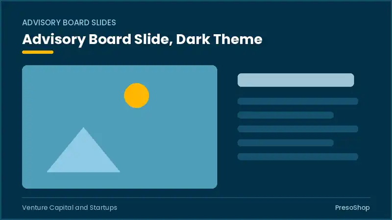 Editable PowerPoint advisory board slide template in a dark theme, built from recolourable native shapes for venture capital and startups decks