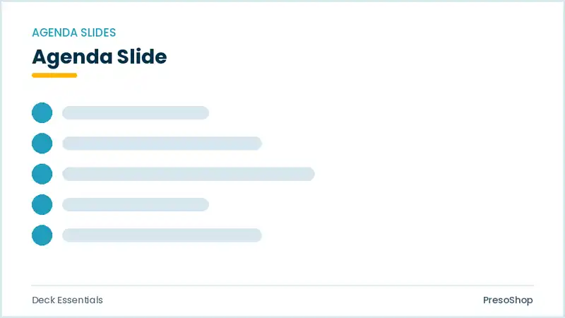 Editable PowerPoint agenda slide template, built from recolourable native shapes for deck essentials decks