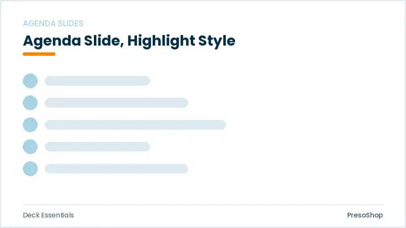 Editable PowerPoint agenda slide template with an accented takeaway, built from recolourable native shapes for deck essentials decks
