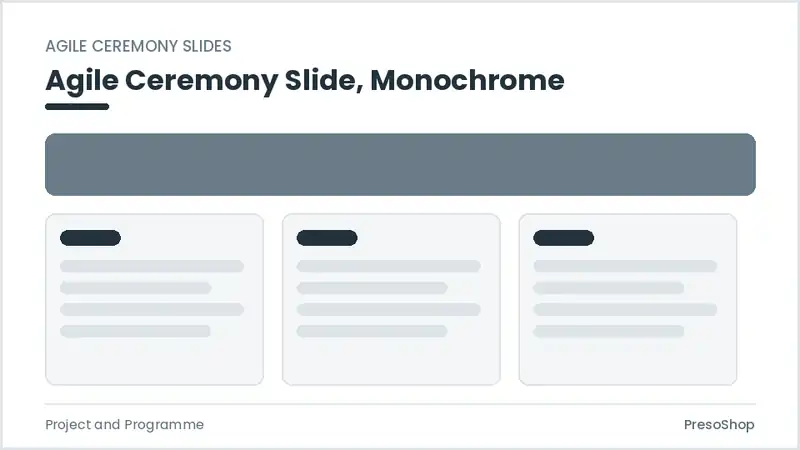 Editable PowerPoint agile ceremony slide template in a monochrome treatment, built from recolourable native shapes for project and programme decks