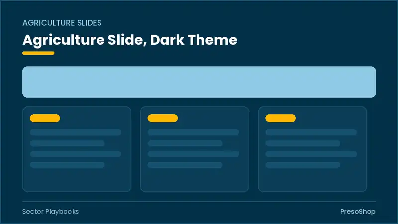 Editable PowerPoint agriculture slide template in a dark theme, built from recolourable native shapes for sector playbooks decks