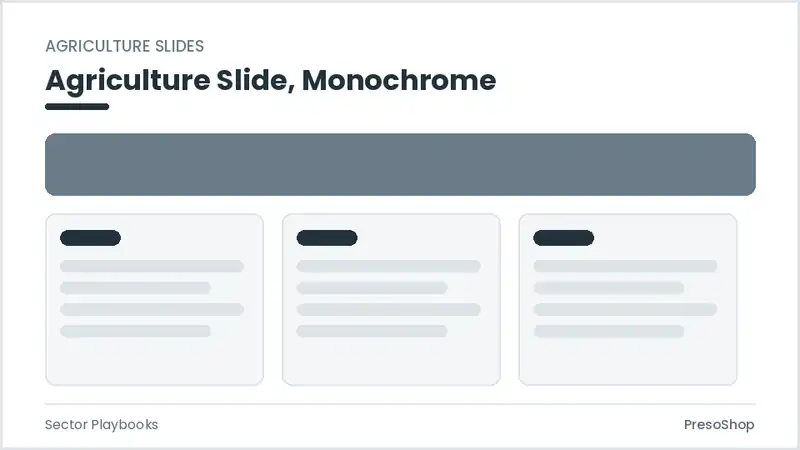 Editable PowerPoint agriculture slide template in a monochrome treatment, built from recolourable native shapes for sector playbooks decks