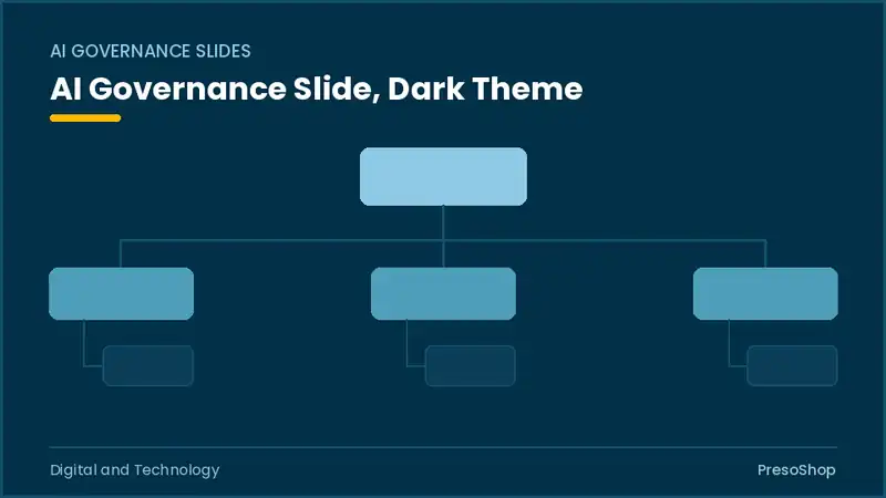 Editable PowerPoint ai governance slide template in a dark theme, built from recolourable native shapes for digital and technology decks