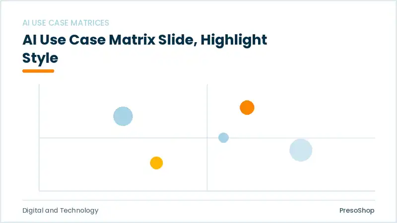 Editable PowerPoint ai use case matrix slide template with an accented takeaway, built from recolourable native shapes for digital and technology decks