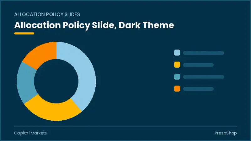 Editable PowerPoint allocation policy slide template in a dark theme, built from recolourable native shapes for capital markets decks