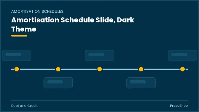 Editable PowerPoint amortisation schedule slide template in a dark theme, built from recolourable native shapes for debt and credit decks