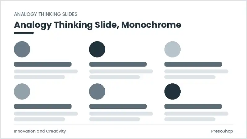 Editable PowerPoint analogy thinking slide template in a monochrome treatment, built from recolourable native shapes for innovation and creativity decks