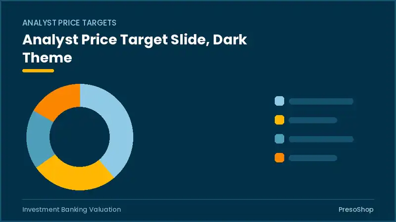 Editable PowerPoint analyst price target slide template in a dark theme, built from recolourable native shapes for investment banking valuation decks