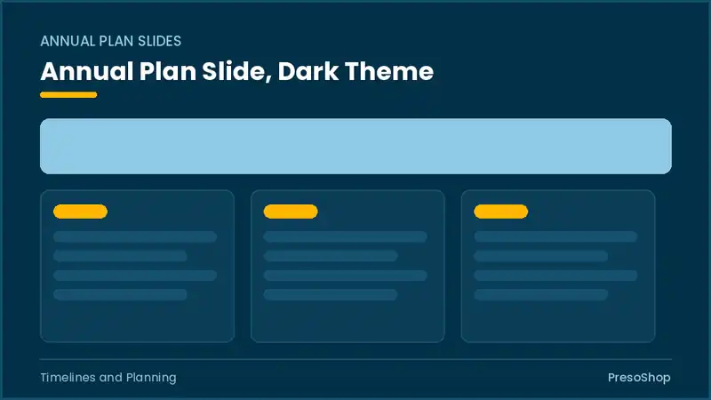 Editable PowerPoint annual plan slide template in a dark theme, built from recolourable native shapes for timelines and planning decks