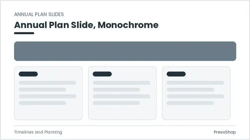 Editable PowerPoint annual plan slide template in a monochrome treatment, built from recolourable native shapes for timelines and planning decks