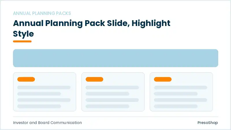 Editable PowerPoint annual planning pack slide template with an accented takeaway, built from recolourable native shapes for investor and board communication decks