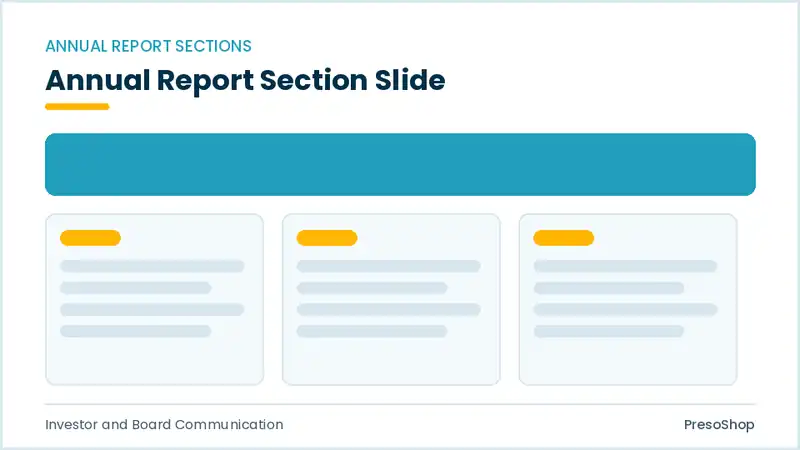 Editable PowerPoint annual report section slide template, built from recolourable native shapes for investor and board communication decks