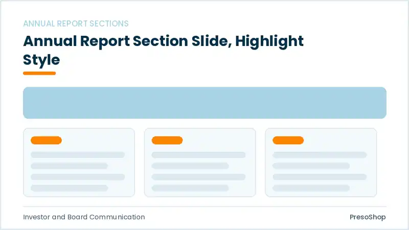Editable PowerPoint annual report section slide template with an accented takeaway, built from recolourable native shapes for investor and board communication decks