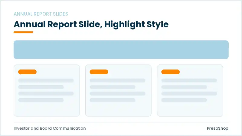 Editable PowerPoint annual report slide template with an accented takeaway, built from recolourable native shapes for investor and board communication decks