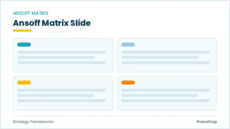 Editable PowerPoint ansoff matrix slide template, built from recolourable native shapes for strategy frameworks decks