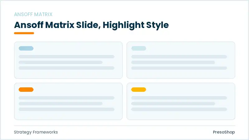 Editable PowerPoint ansoff matrix slide template with an accented takeaway, built from recolourable native shapes for strategy frameworks decks