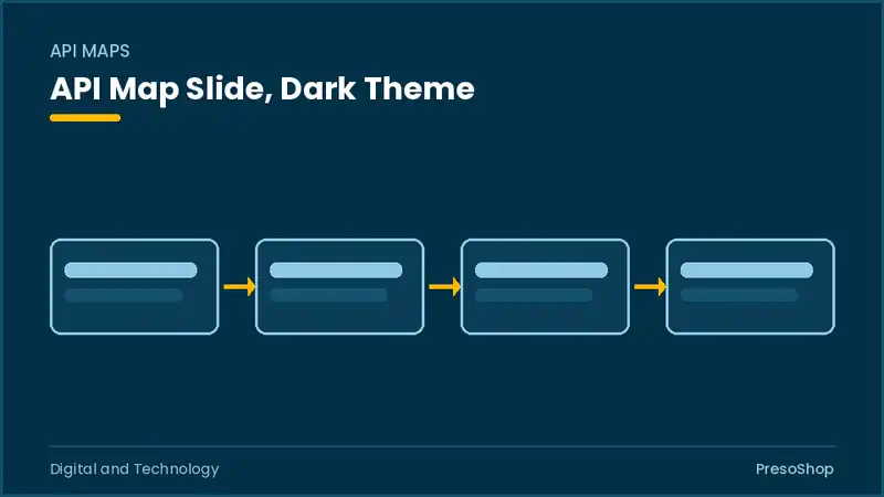 Editable PowerPoint api map slide template in a dark theme, built from recolourable native shapes for digital and technology decks