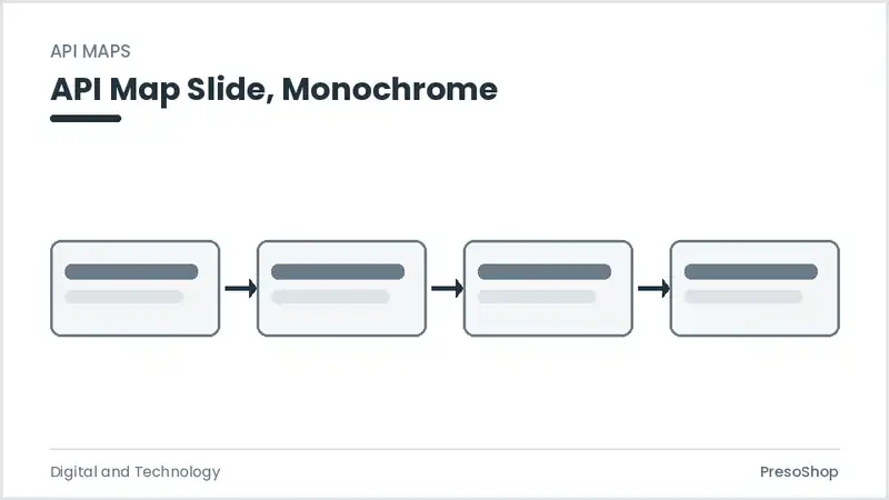 Editable PowerPoint api map slide template in a monochrome treatment, built from recolourable native shapes for digital and technology decks