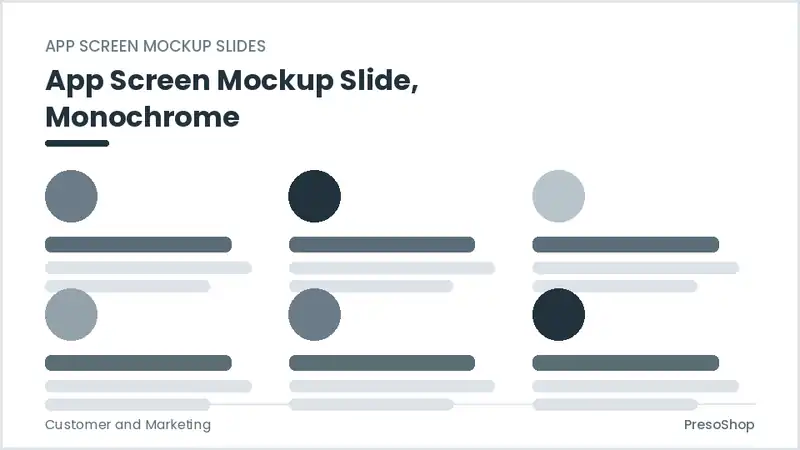 Editable PowerPoint app screen mockup slide template in a monochrome treatment, built from recolourable native shapes for customer and marketing decks