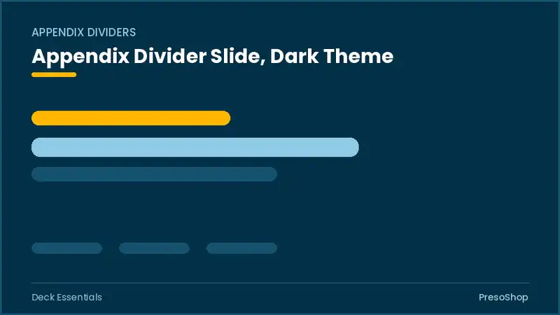 Editable PowerPoint appendix divider slide template in a dark theme, built from recolourable native shapes for deck essentials decks