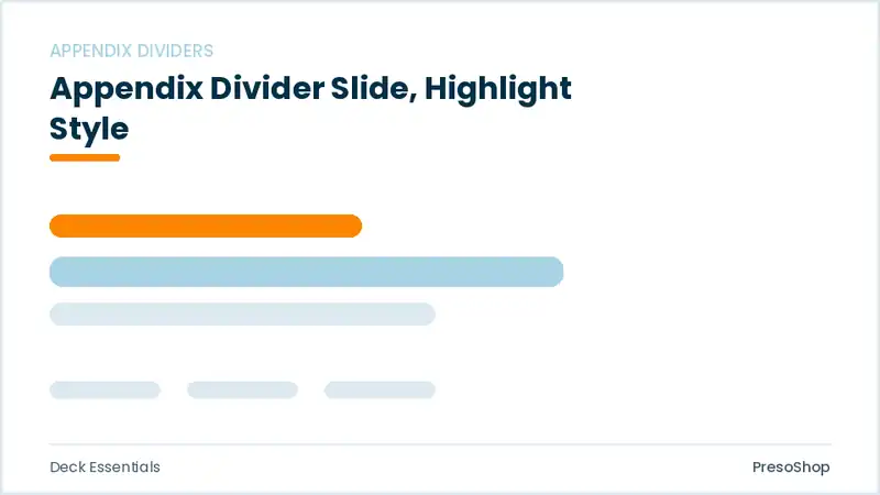 Editable PowerPoint appendix divider slide template with an accented takeaway, built from recolourable native shapes for deck essentials decks