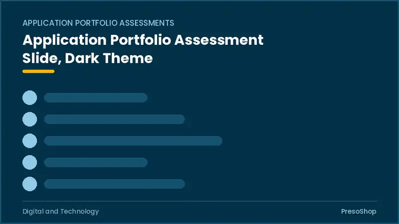 Editable PowerPoint application portfolio assessment slide template in a dark theme, built from recolourable native shapes for digital and technology decks