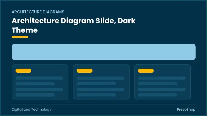 Editable PowerPoint architecture diagram slide template in a dark theme, built from recolourable native shapes for digital and technology decks