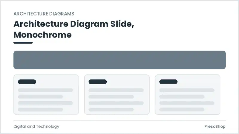 Editable PowerPoint architecture diagram slide template in a monochrome treatment, built from recolourable native shapes for digital and technology decks