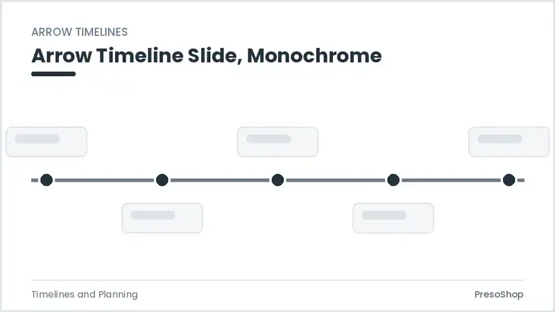 Editable PowerPoint arrow timeline slide template in a monochrome treatment, built from recolourable native shapes for timelines and planning decks