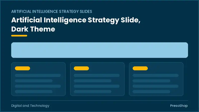 Editable PowerPoint artificial intelligence strategy slide template in a dark theme, built from recolourable native shapes for digital and technology decks