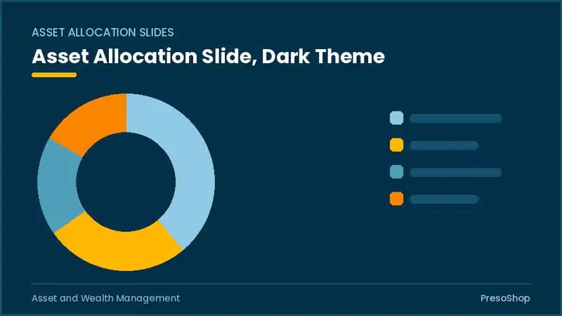 Editable PowerPoint asset allocation slide template in a dark theme, built from recolourable native shapes for asset and wealth management decks