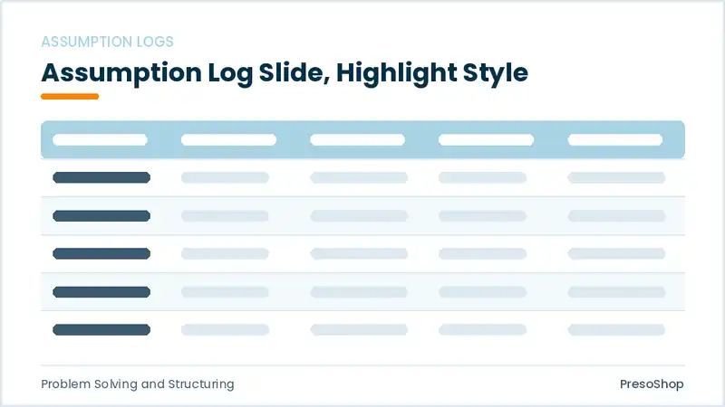 Editable PowerPoint assumption log slide template with an accented takeaway, built from recolourable native shapes for problem solving and structuring decks