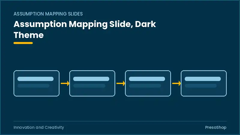 Editable PowerPoint assumption mapping slide template in a dark theme, built from recolourable native shapes for innovation and creativity decks