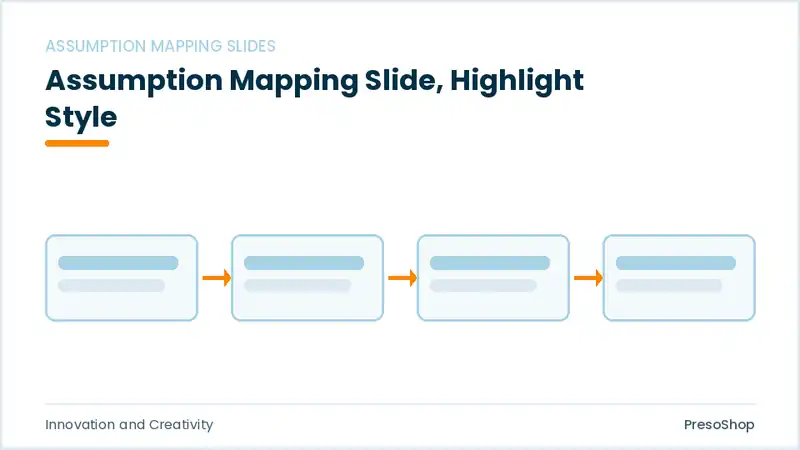 Editable PowerPoint assumption mapping slide template with an accented takeaway, built from recolourable native shapes for innovation and creativity decks