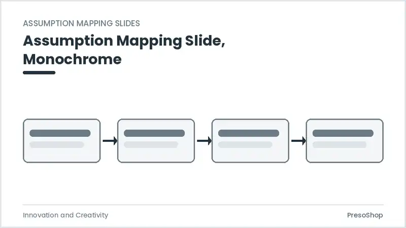 Editable PowerPoint assumption mapping slide template in a monochrome treatment, built from recolourable native shapes for innovation and creativity decks