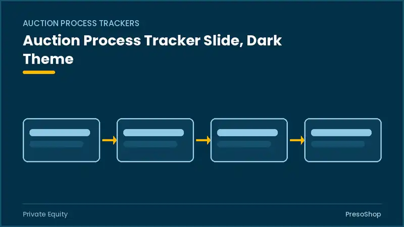 Editable PowerPoint auction process tracker slide template in a dark theme, built from recolourable native shapes for private equity decks