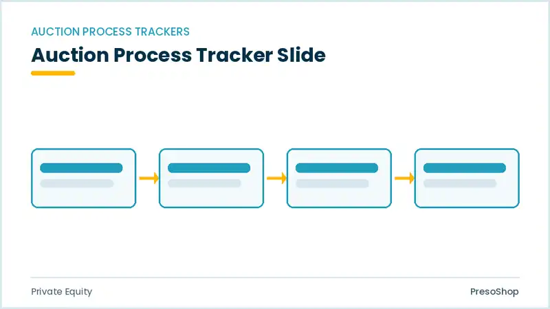 Editable PowerPoint auction process tracker slide template, built from recolourable native shapes for private equity decks