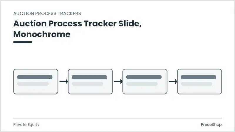 Editable PowerPoint auction process tracker slide template in a monochrome treatment, built from recolourable native shapes for private equity decks